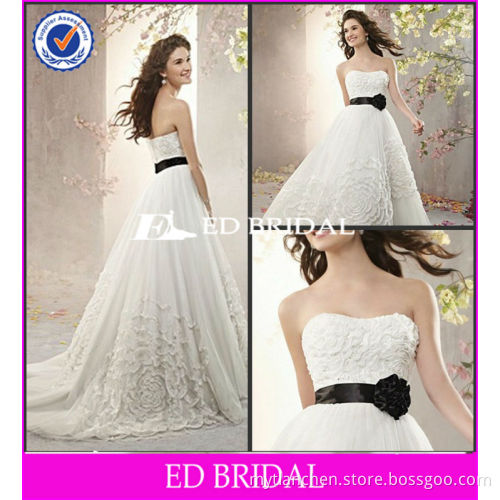 ZC913 For Woman A-line Lace Applique Tulle Long Train Black Sash New Lady Wedding Gown White Dresses